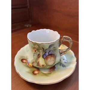LEFTON HERITAGE FRUIT DEMITASSE CUP‎ And Saucer HAND PAINTED Gilded